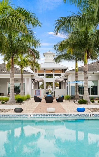 Palm tree-lined pool sitting area at Echo Lake apartments